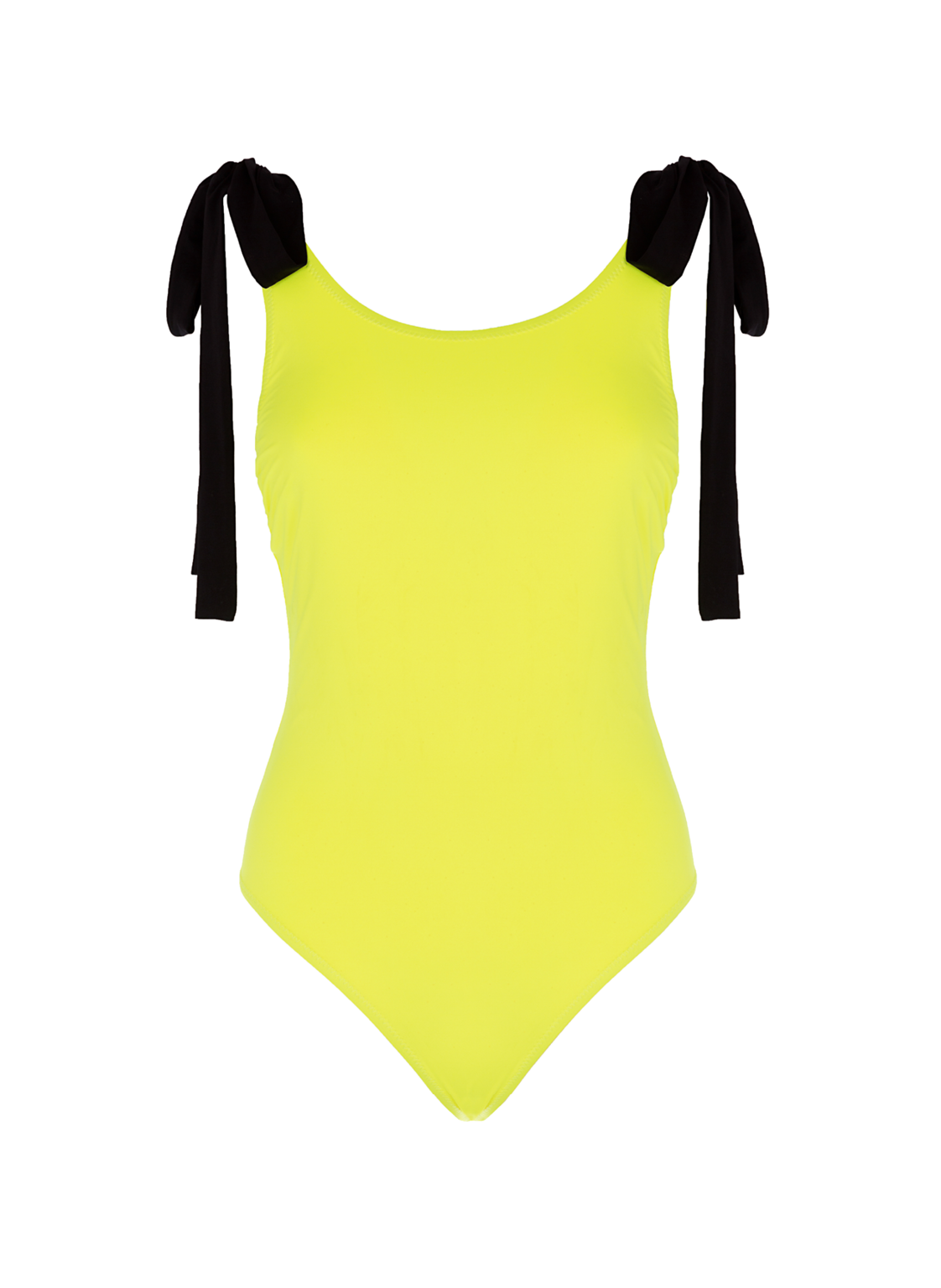 Neongelber Badeanzug mit langen Bändern an den Schultern und tiefem Rückenausschnitt aus recyceltem Lycra