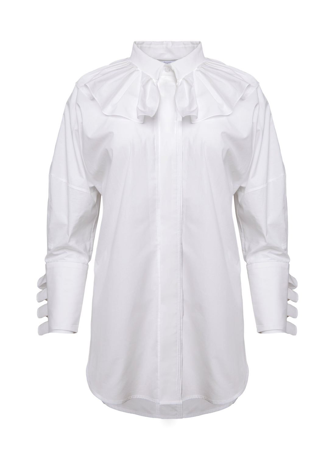 Elegante, weiße Bluse aus 100% feinster Baumwolle mit überschrittenen Schultern, großem Kragen und Manschetten