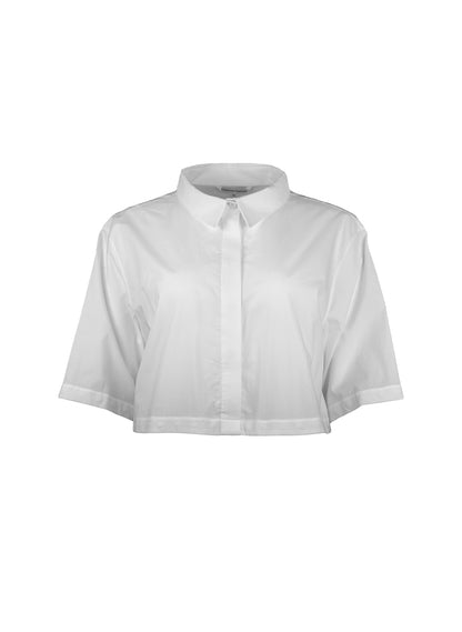 Bluse aus 100% feiner Baumwolle mit weitem Umlegekragen, durch abknöpfbarem unteren Teil auch als Crop-Bluse zu tragen