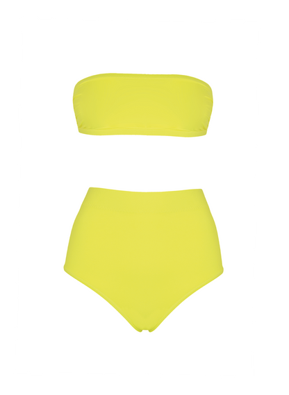 Neongelber Bandeau Bikini mit hohem Taillienhöschen aus recyceltem Lycra