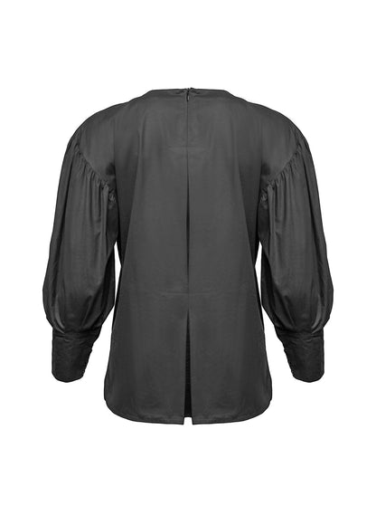 Außergewöhnliche, schwarze Basic Bluse aus 100% Baumwolle mit Rundhalsausschnitt, Kellerfalte mittig und seitlichen Schlitzen