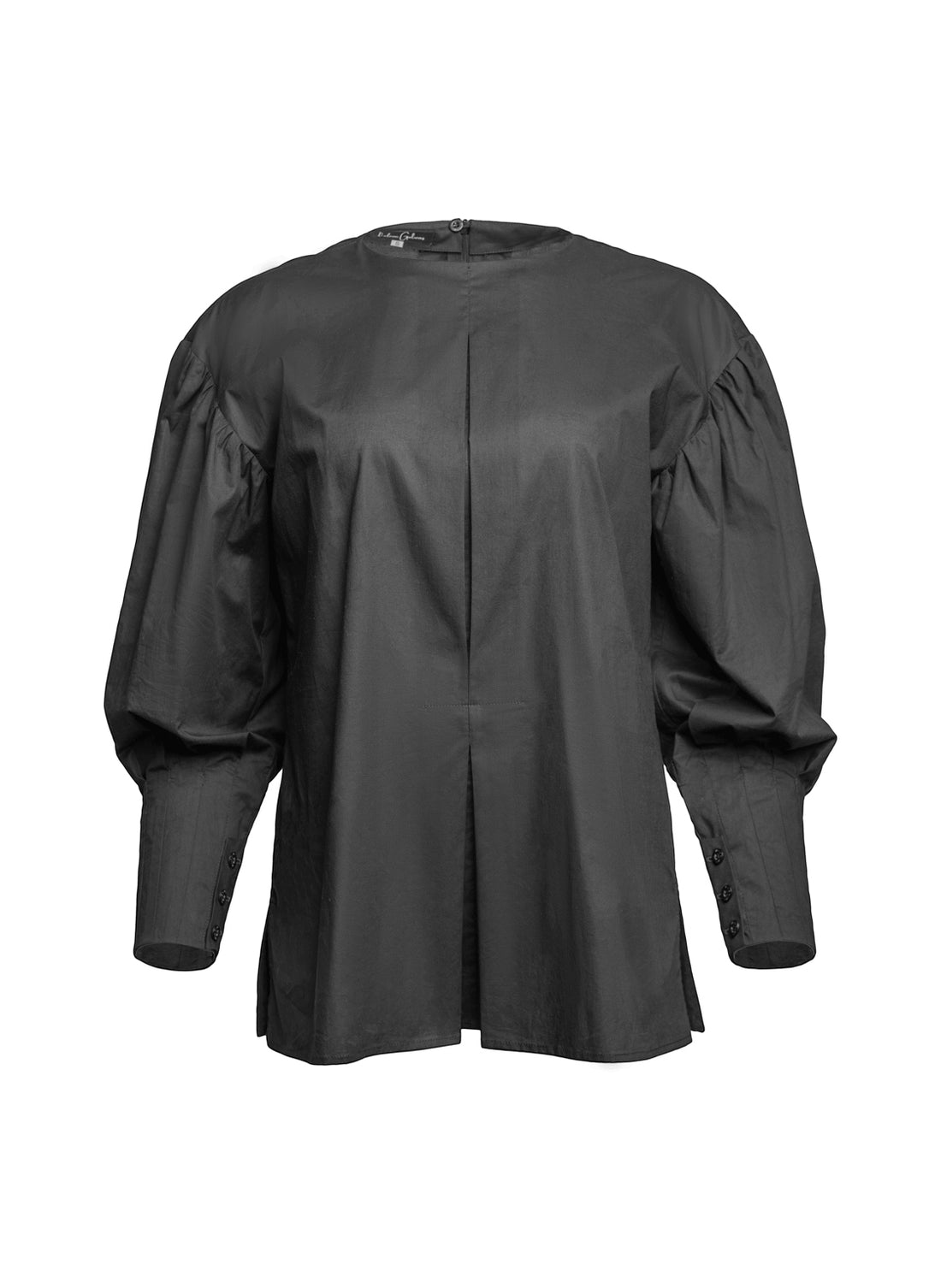 Außergewöhnliche, schwarze Basic Bluse aus 100% Baumwolle mit Rundhalsausschnitt, Kellerfalte mittig und seitlichen Schlitzen