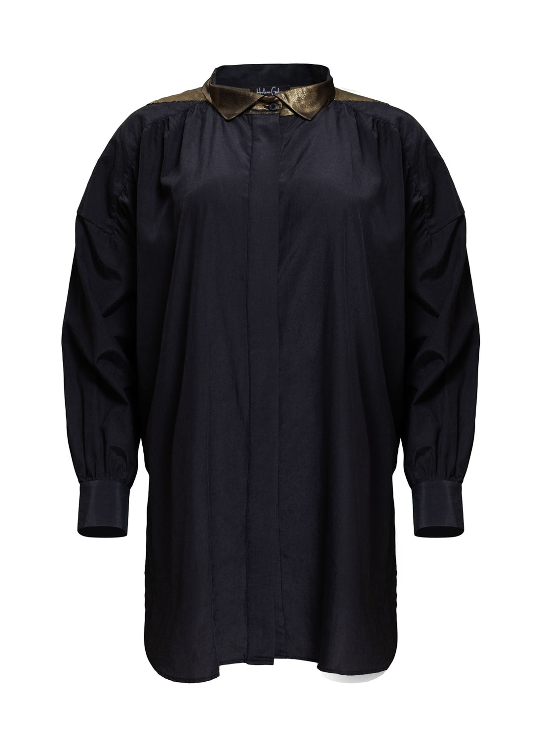 Die weite Seiden-Baumwoll-Bluse hat integrierte Seideneinsätze mit Lurex an Kragen, Schultern, Rücken von Helene Galwas