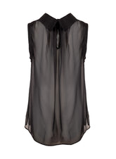 Transparente, ärmellose Bluse aus feinster Chiffonseide, raffinierter Hemdkragenverschluss im Nacken sowie ungesäumten Ärmelkanten