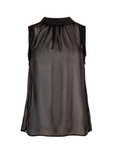 Transparente, ärmellose Bluse aus feinster Chiffonseide, raffinierter Hemdkragenverschluss im Nacken sowie ungesäumten Ärmelkanten