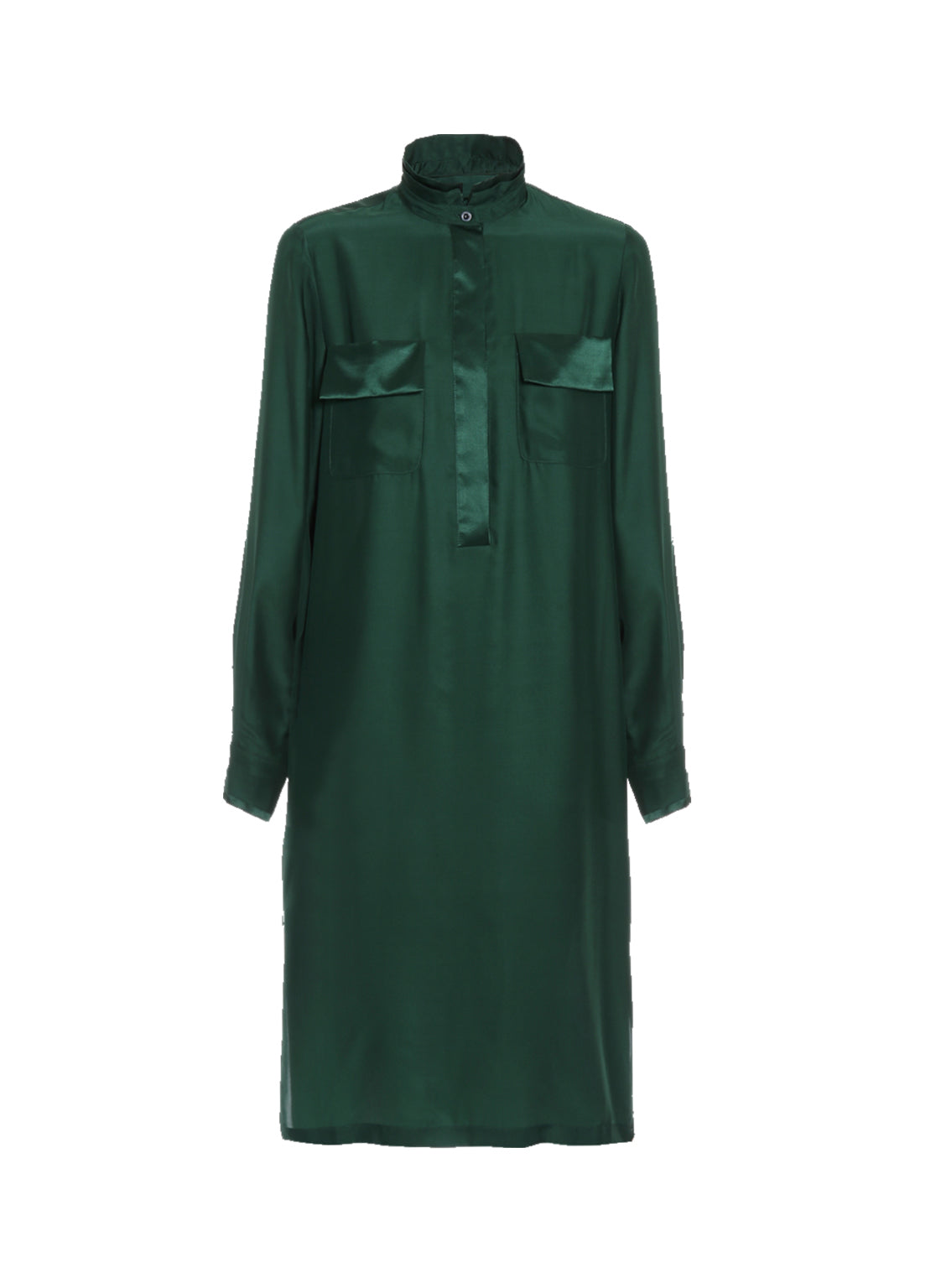 Midi-Hemdkleid aus feinster Seide mit Stehkragen, seitlichen Schlitzen und verdeckter Knopfleiste.