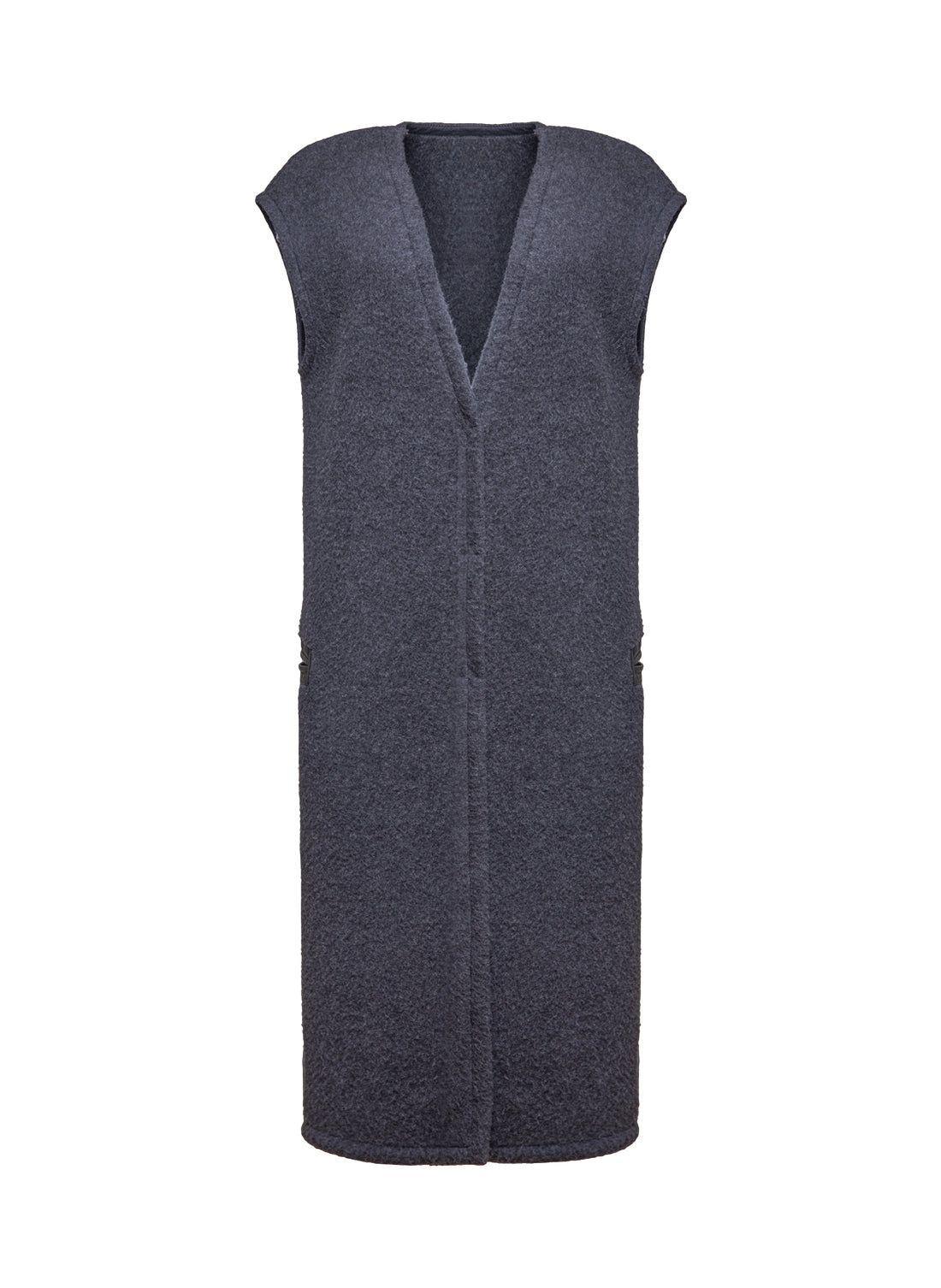 Grau-melierte Maxi-Weste aus irischem Merinofleece mit V-Ausschnitt, Seitentaschen und Druckknopfverschluss