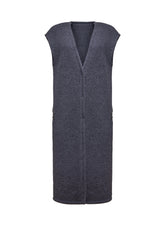Grau-melierte Maxi-Weste aus irischem Merinofleece mit V-Ausschnitt, Seitentaschen und Druckknopfverschluss
