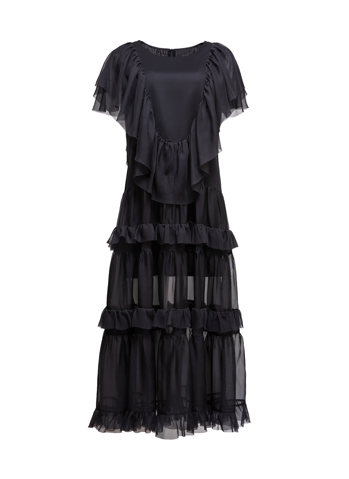Maxi-Kleid aus feinem Baumwollbatist, zarten Volants und kunstvoll eingearbeiteten Einsätzen aus Chiffonseide