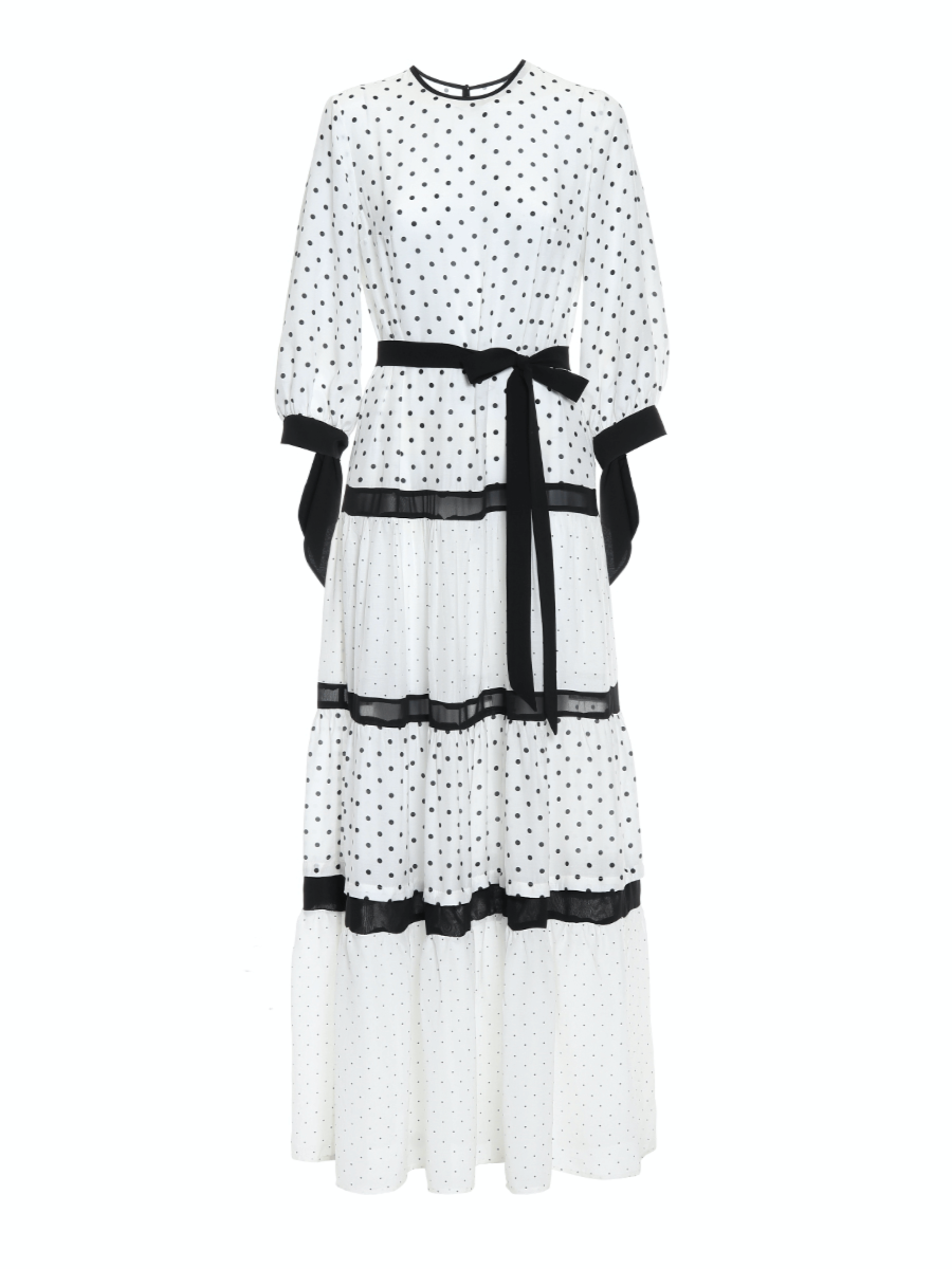 Maxikleid aus exklusiver Premium Baumwolle mit Polkadots, Schleifen an den Ärmeln und abnehmbaren Volants