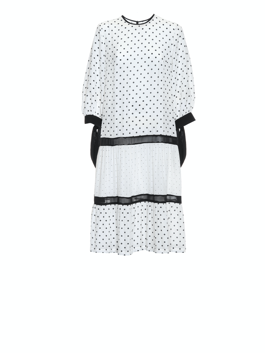Maxikleid aus exklusiver Premium Baumwolle mit Polkadots, Schleifen an den Ärmeln und abnehmbaren Volants