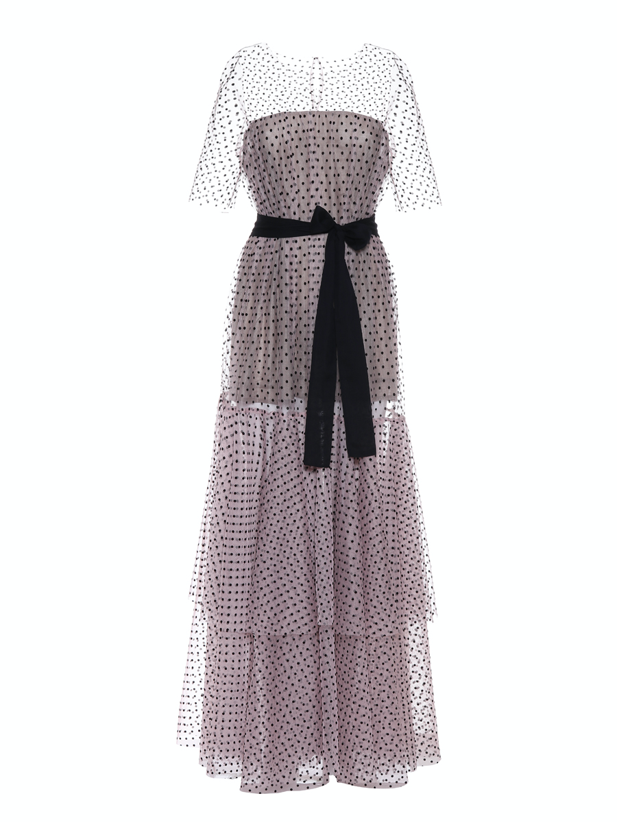 Maxikleid aus Tüll mit Samt Pünktchen, ungesäumten Kanten und blickdichtem Unterkleid