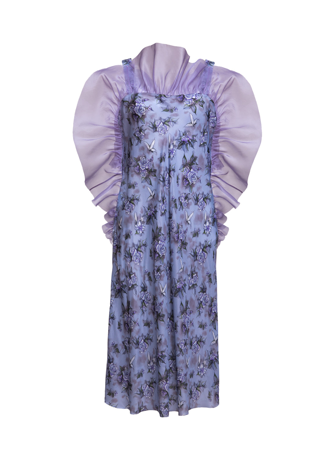Midi-Kleid aus luxuriösem Stretch-Satin mit kunstvoll angebrachten Volants aus feinster Organzaseide