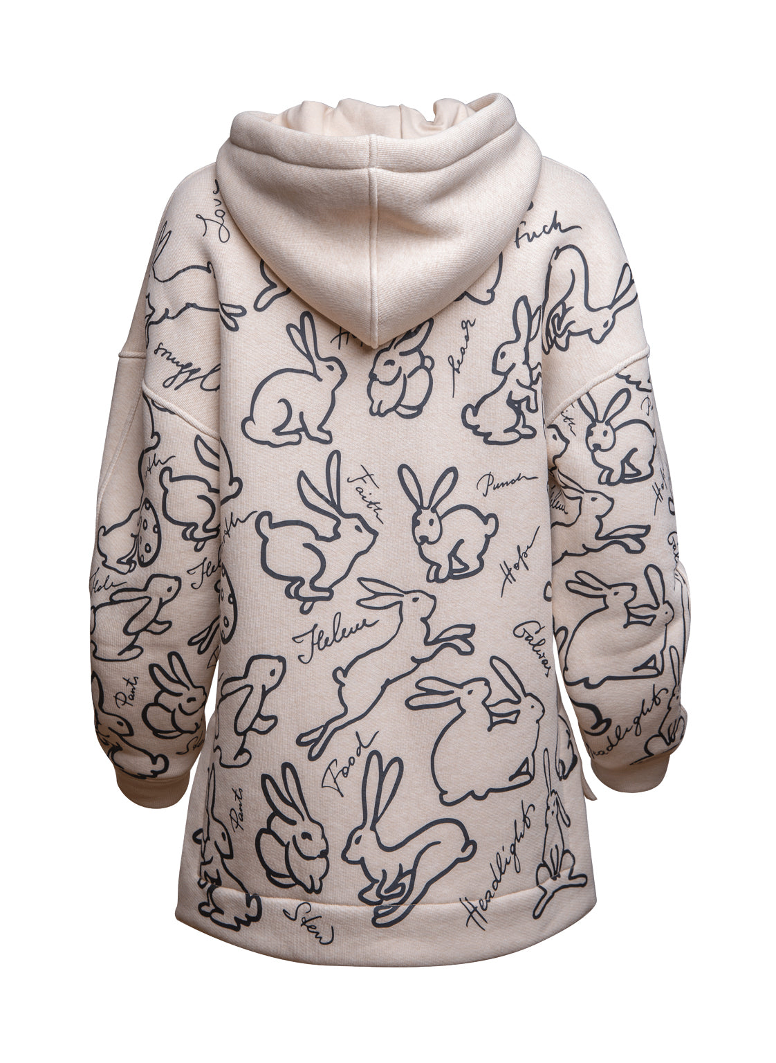Bequemer Oversize-Hoodie aus schwerer Baumwolle mit Kängurutasche mit asymmetrischem Saum und Hasen Print