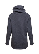 Oversize, grau-melierter Pullover aus irischem Merinofleece mit Maxikragen, überschrittenen Schultern und versteckten Taschen in der Seitennaht