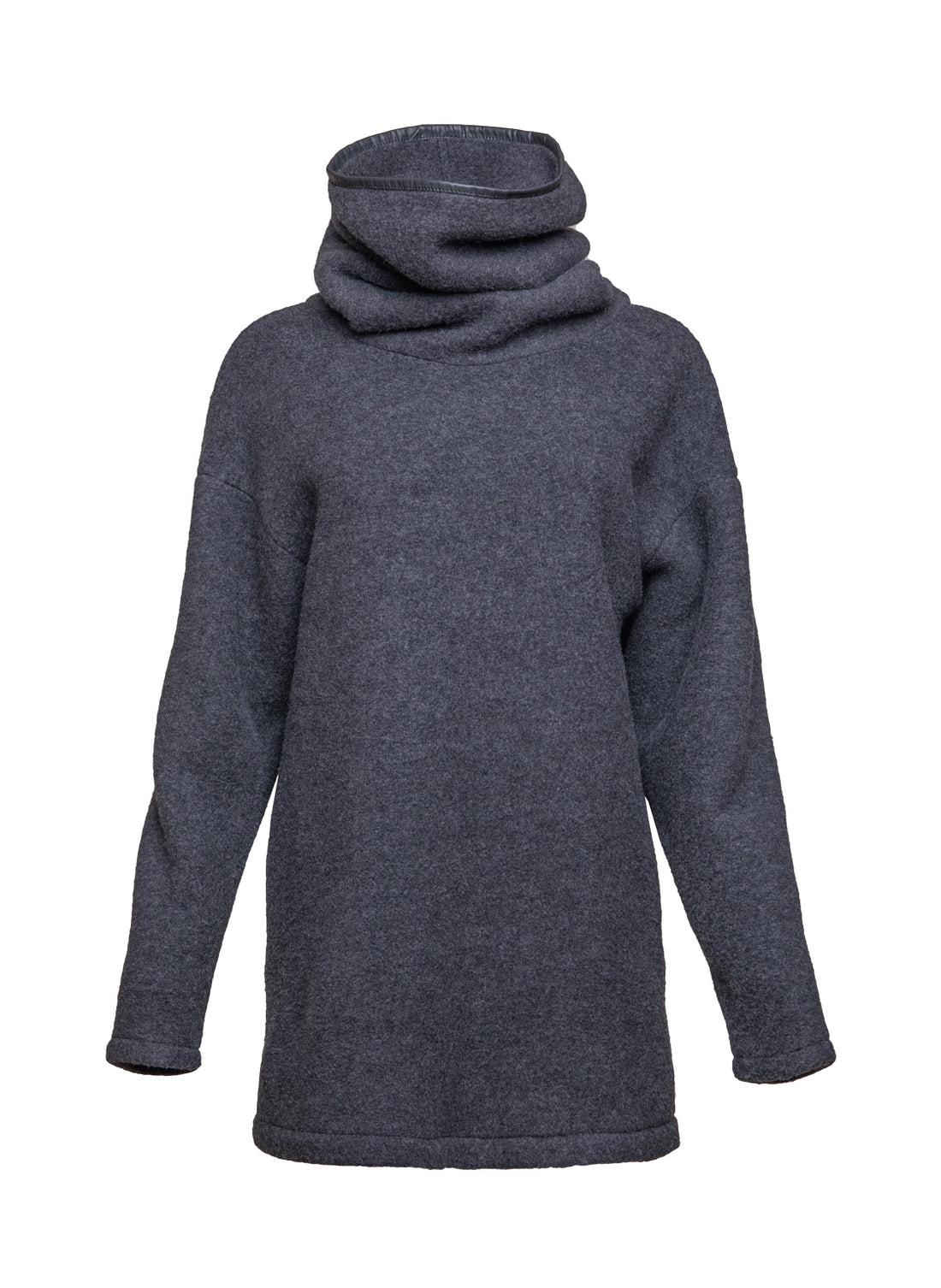 Oversize, grau-melierter Pullover aus irischem Merinofleece mit Maxikragen, überschrittenen Schultern und versteckten Taschen in der Seitennaht