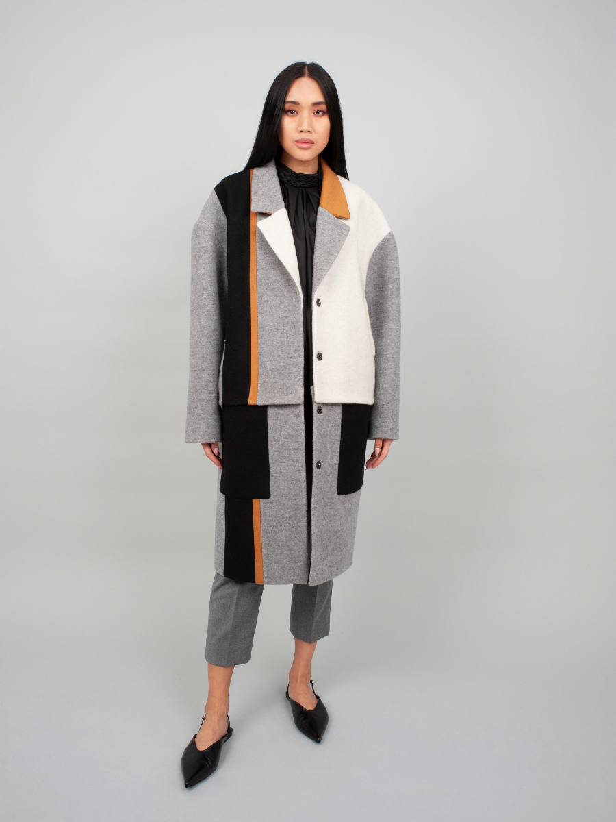 Oversize Colour-Blocking Mantel aus Kaschmir und Merinowolle und abknöpfbarem Unterteil