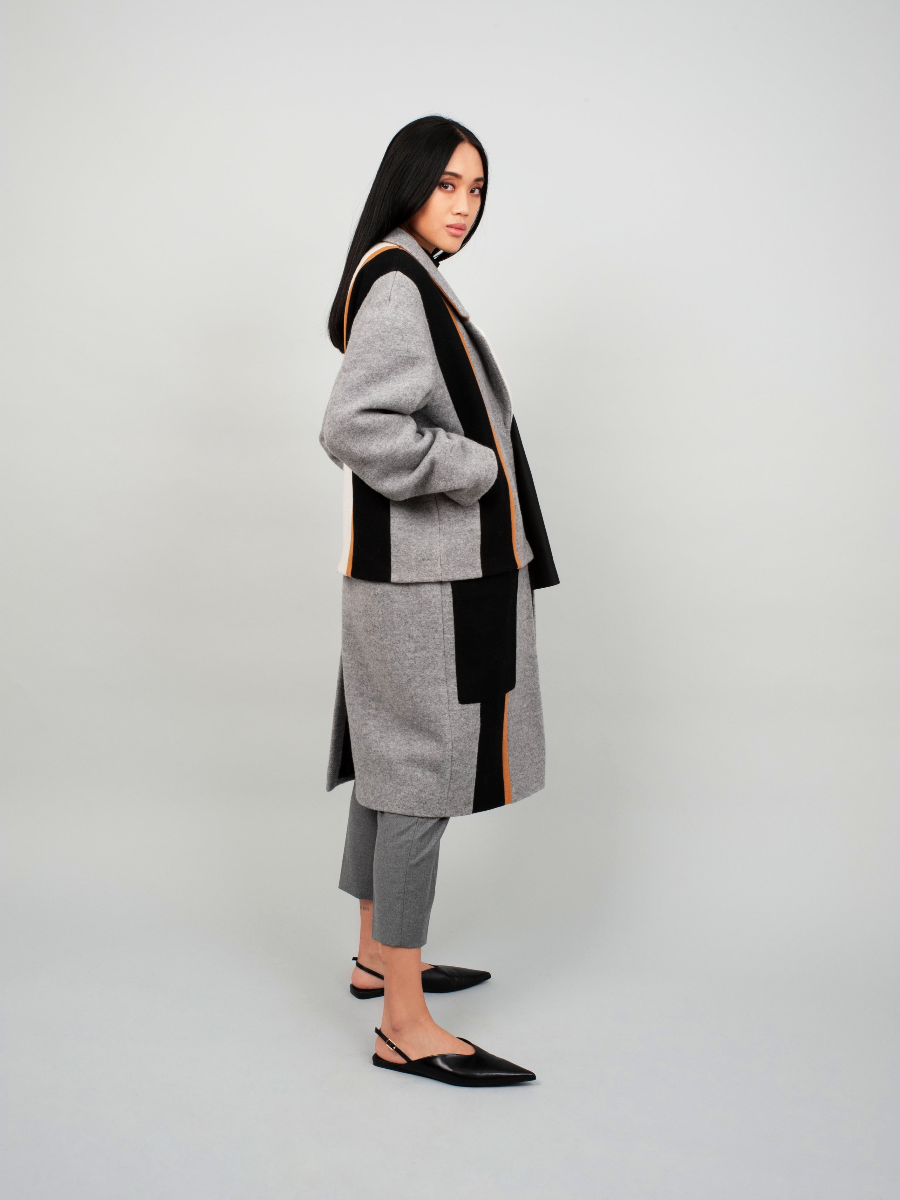 Oversize Colour-Blocking Mantel aus Kaschmir und Merinowolle und abknöpfbarem Unterteil