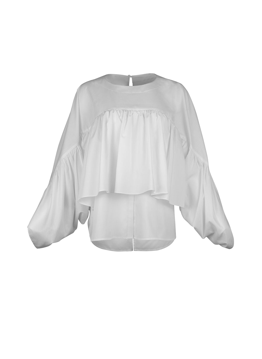 Bluse aus 100% feiner Baumwolle, Rundhalsausschnitt und breiten horizontal verlaufenden Volants im Vorder- und Rückteil sowie an den Ärmeln ausgestattet