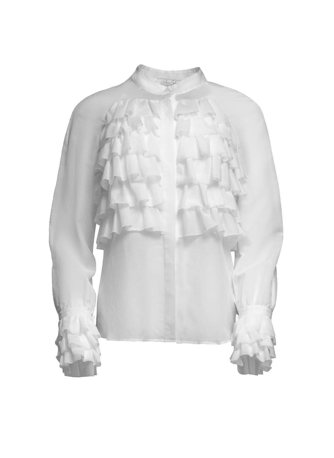 Hochwertige Bluse aus Baumwolle-Seiden Mix mit einer Vielzahl per Hand gelegten Volants im Brustbereich sowie an den Armabschlüssen