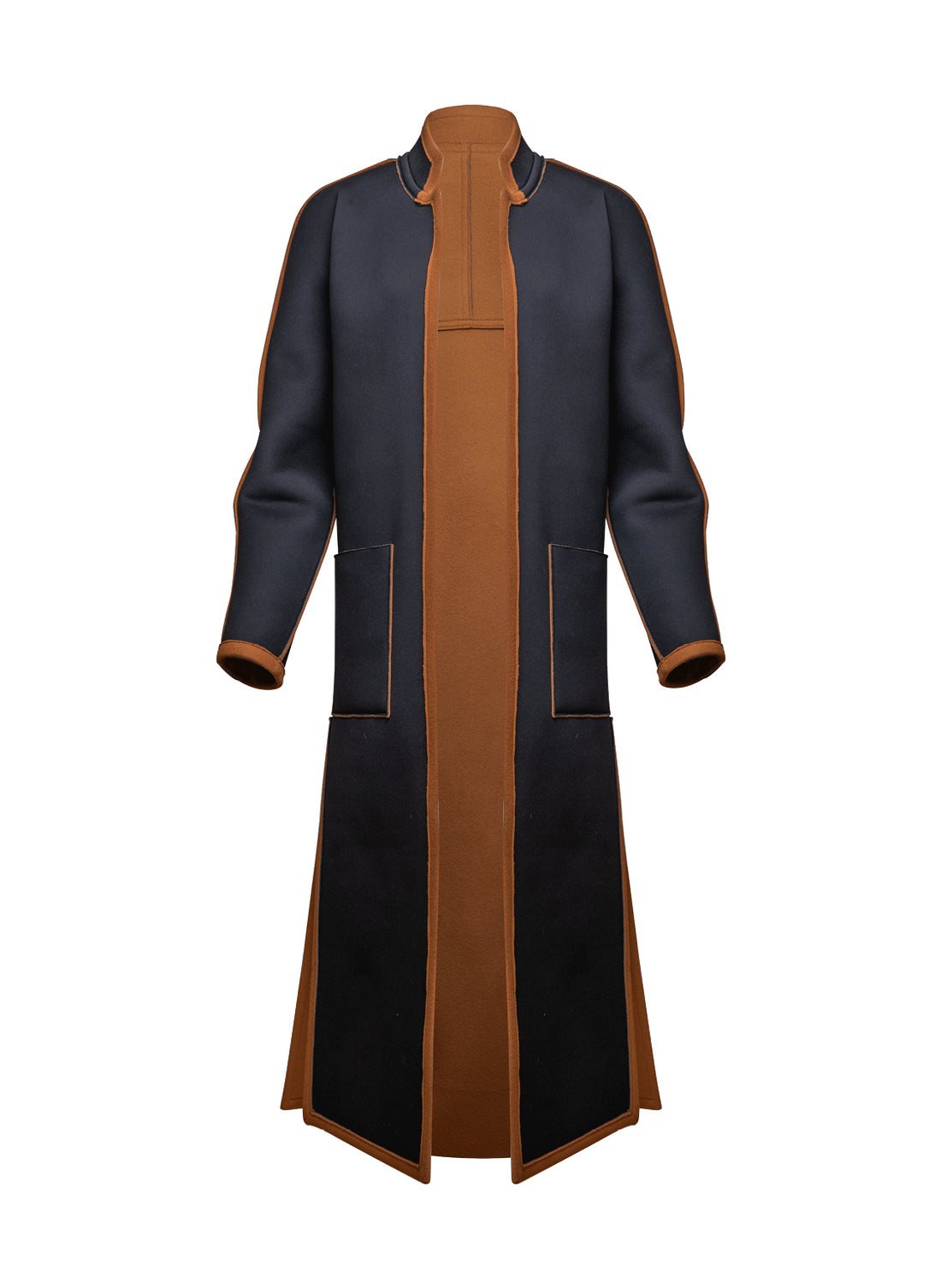 Langer Wendemantel aus limitiertem Doubleface Material, eine Seite Neopren, die andere aus Wolle und Kaschmir mit hohen seitlichen Schlitzen