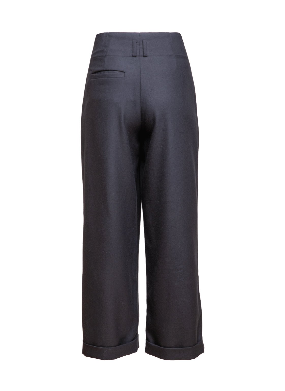 Schwarze Woll-Culotte mit hohem Bund Bundfalten, seitlichen Taschen und kleinen Aufschlägen am Hosenbein