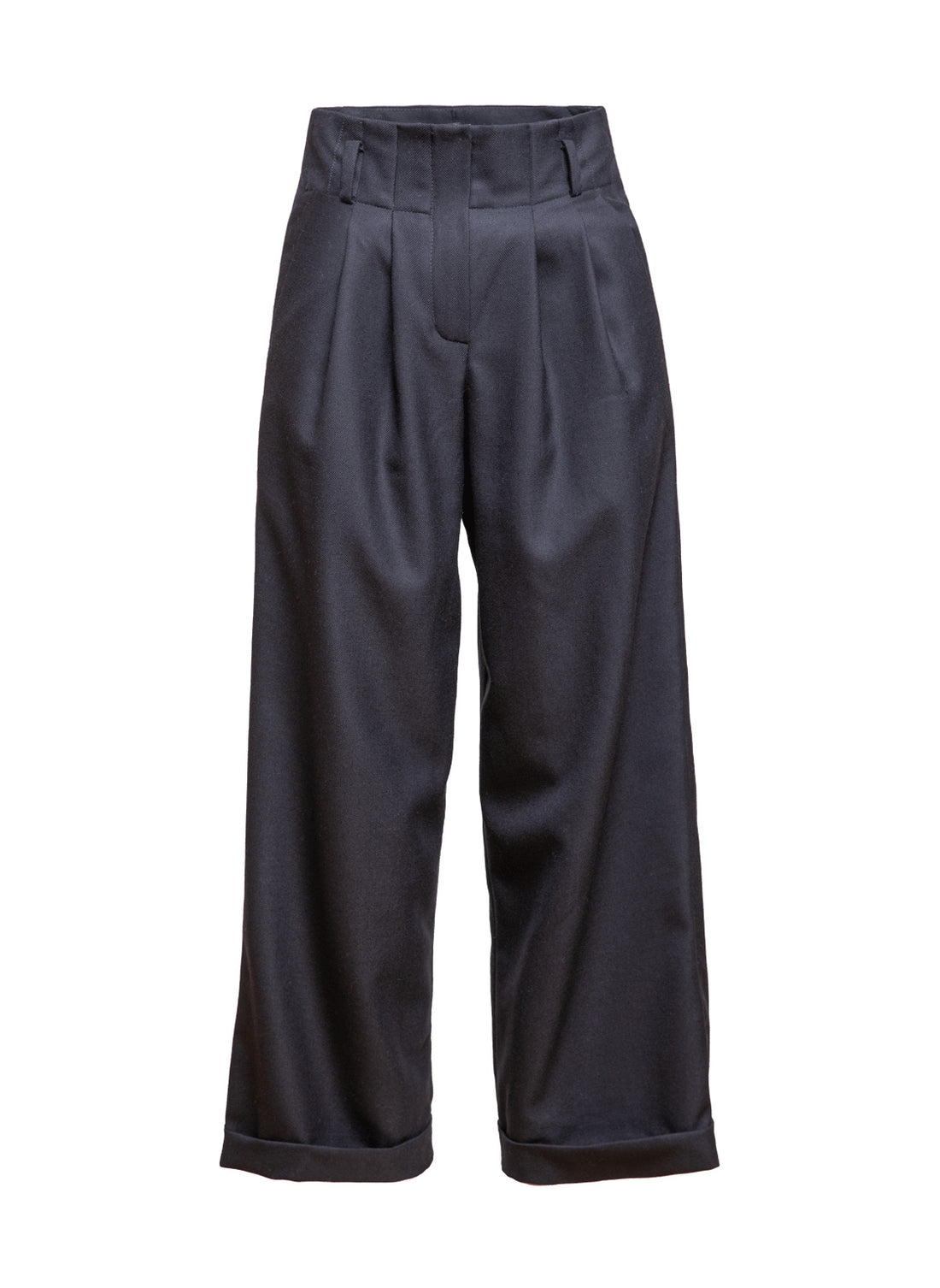 Schwarze Woll-Culotte mit hohem Bund Bundfalten, seitlichen Taschen und kleinen Aufschlägen am Hosenbein